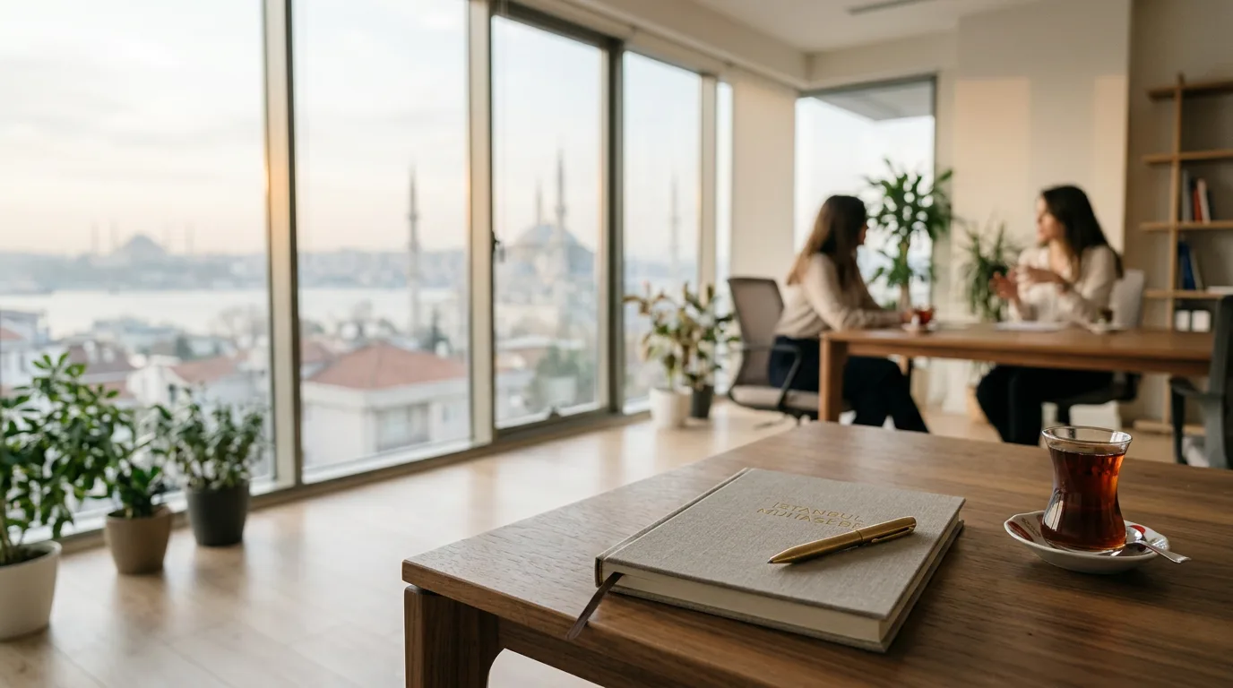 İstanbul manzaralı, aydınlık ve modern bir mali müşavirlik ofisinde ceviz masa üzerinde defter, kalem ve çay bardağı.